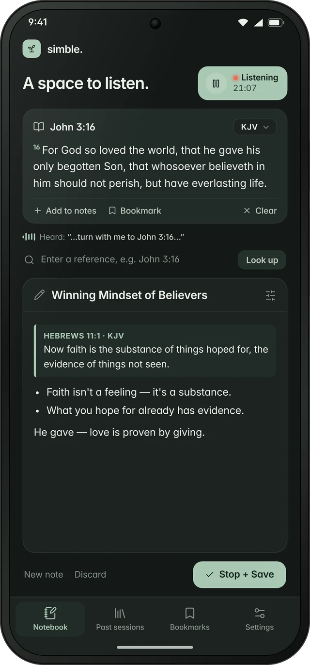 Simble notebook in dark mode showing John 3:16