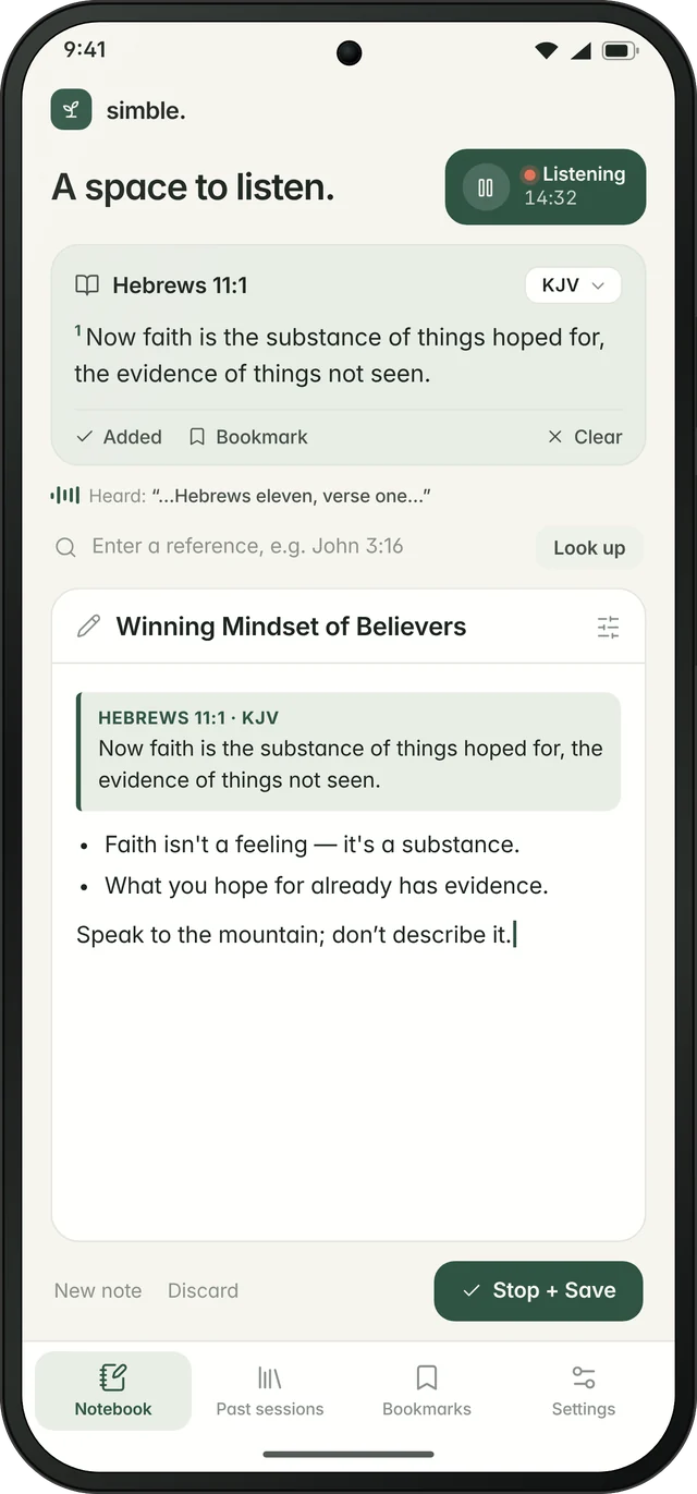Simble notebook listening during a sermon with Hebrews 11:1 shown above the notes