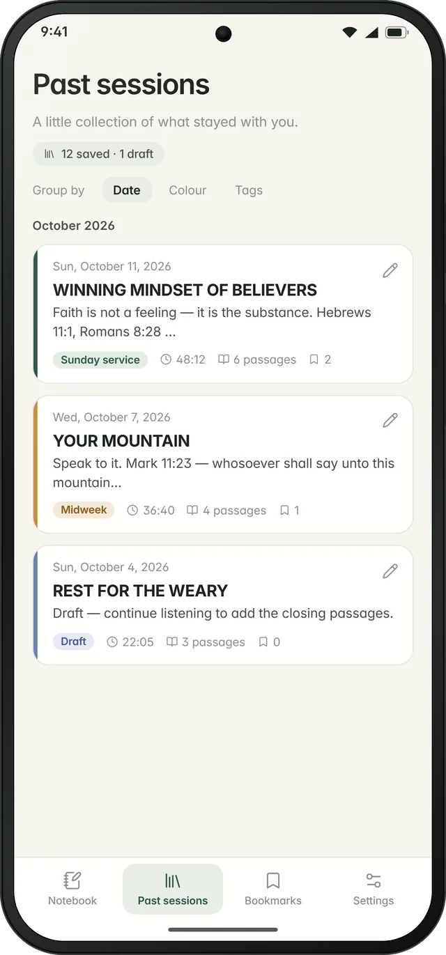 Past sessions screen listing saved sermon notes